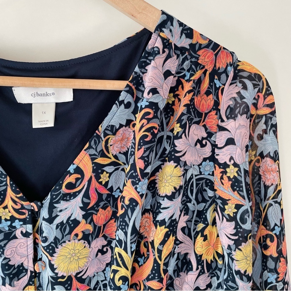 NWOT CJ Banks Multicolor Floral Chiffon Dress Long Sleeve Midi Length Size 1X